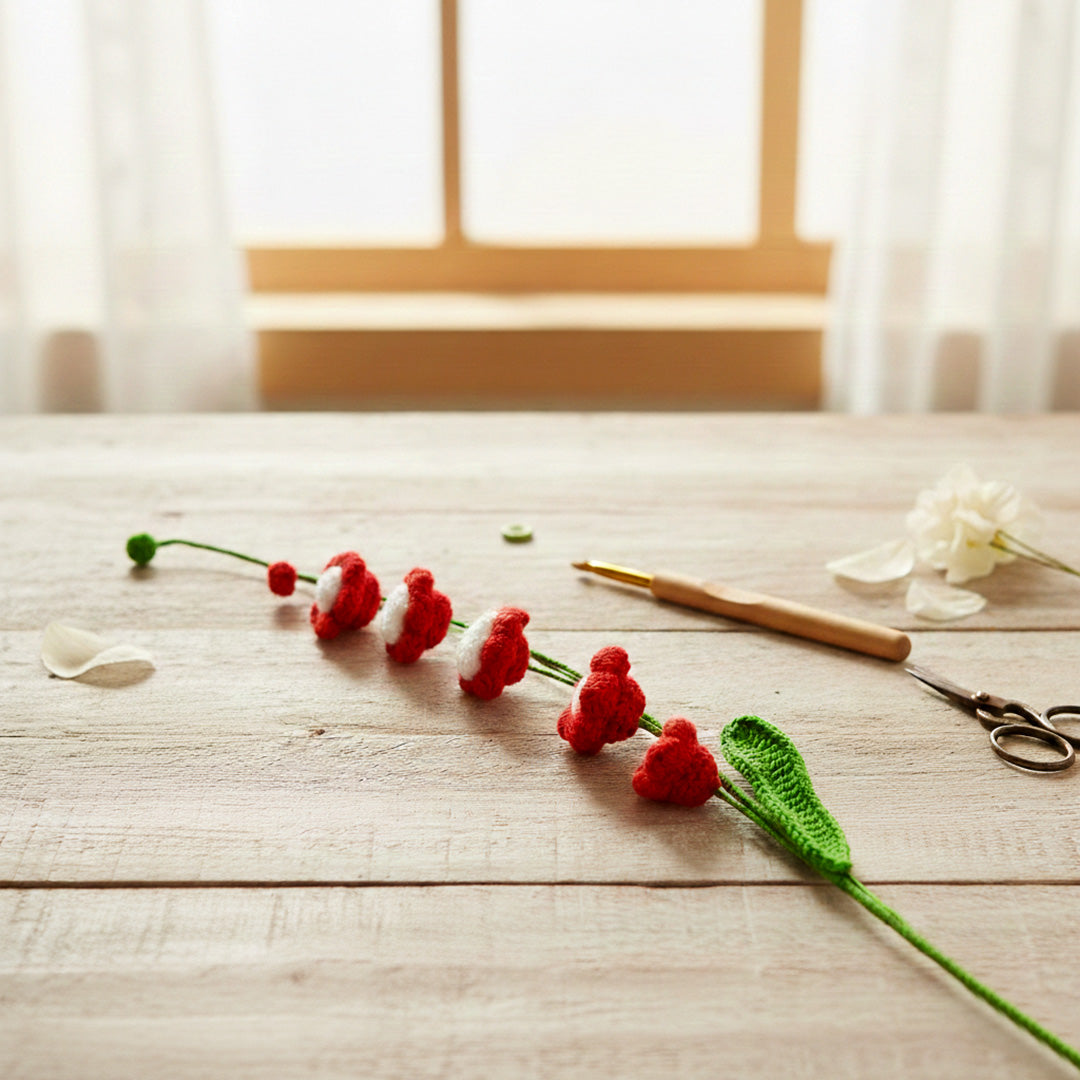Artisan Crochet Red & White Lily of the Valley Flower Stem