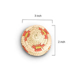 Round woven object with measurements on a white background