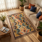 Colorful geometric-patterned rug in a living room with a couch and decor items.