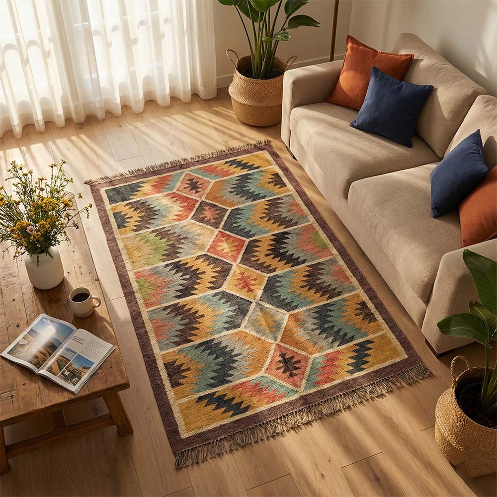Multicolored Geometric Handwoven Jute Durrie Rug