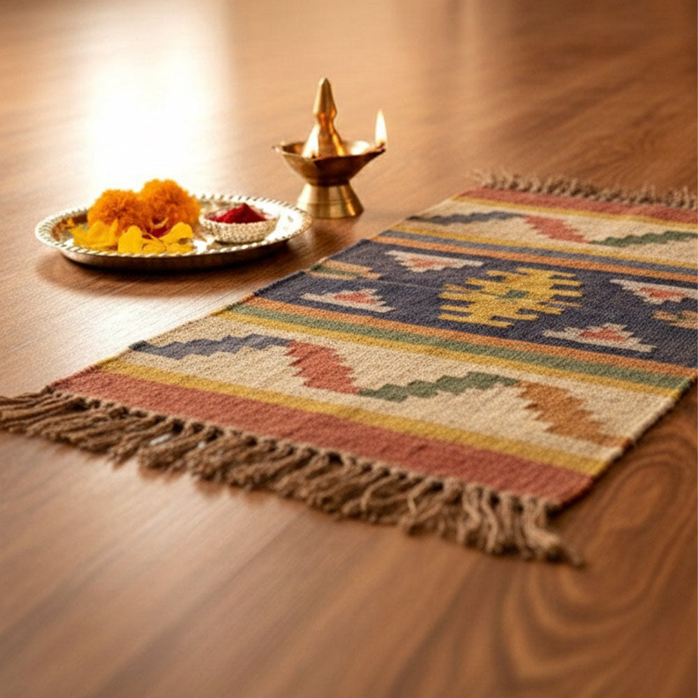 Handwoven Jute & Camel Wool Puja Aasan - Vibrant Geometric Prayer Mat