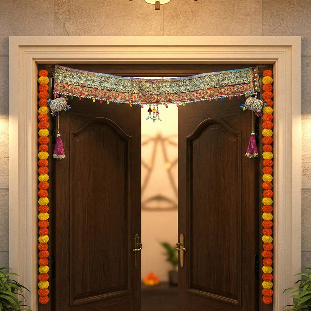 Vibrant Festival Mirror Work Toran with Multi-Colored Beads (Shisha & Zari Bandarwal) - Madhues