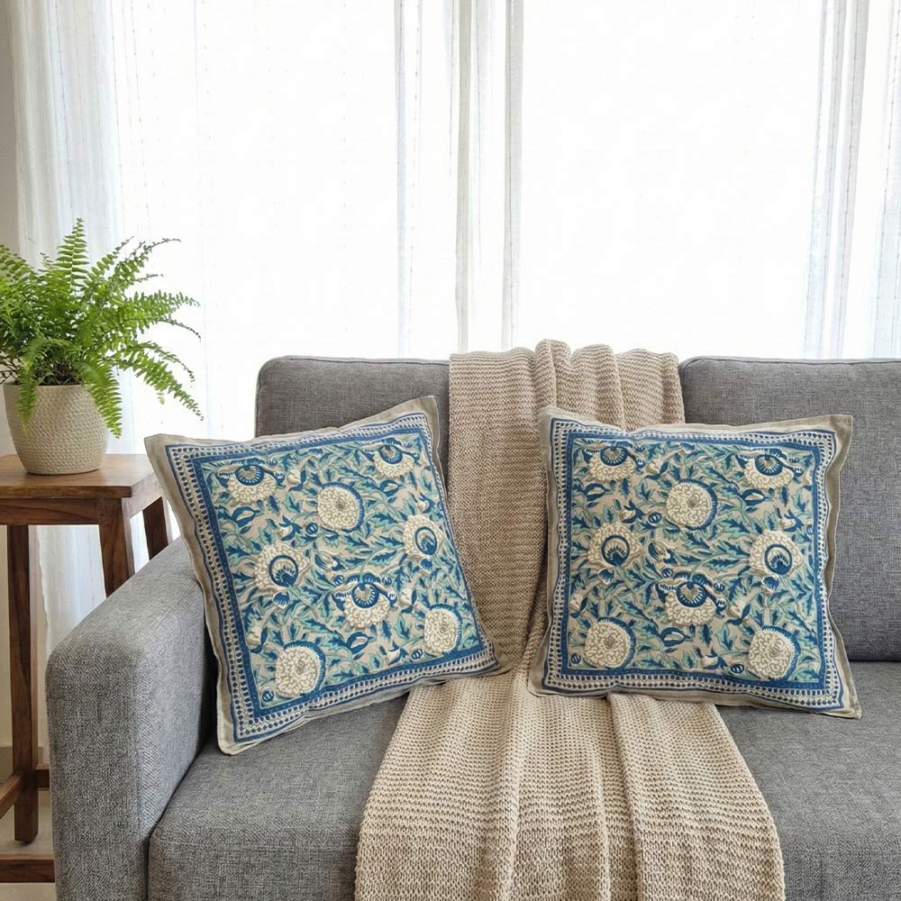 Indigo Bloom Block Print Cushion Cover Set of 2 - Madhues