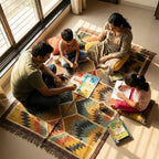 Family playing a board game together on a patterned rug indoors.