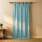 Aqua Petal Grid Sheer Barmer Appliqué Curtain - Madhues