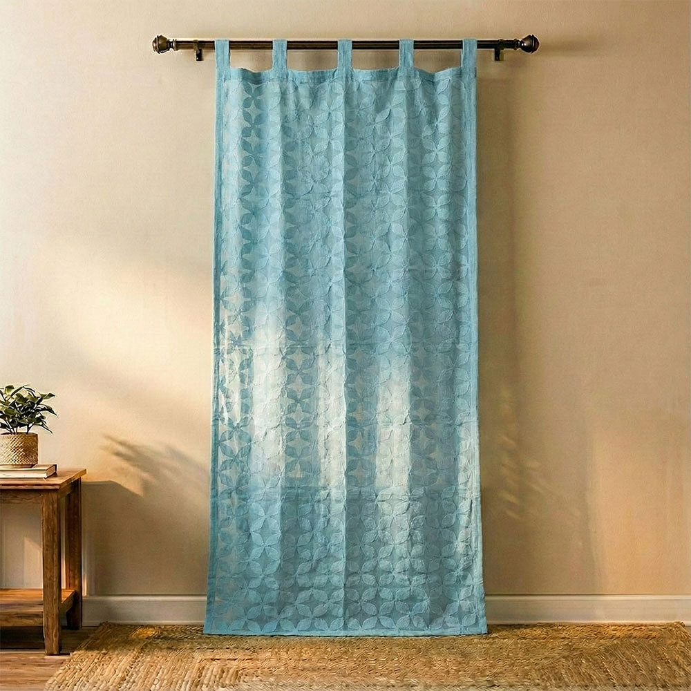 Aqua Petal Grid Sheer Barmer Appliqué Curtain