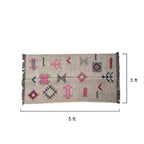 Rug with geometric patterns and measurements on a white background