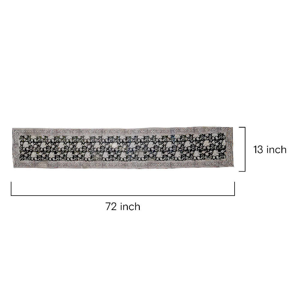 Elegant Block Printed Floral Black & White Table Runner