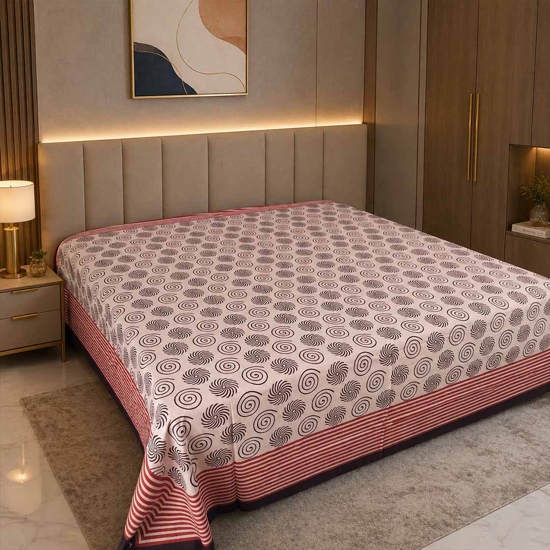 Artisanal Swirl Print Block Printed Vegetable Dye Bedsheet