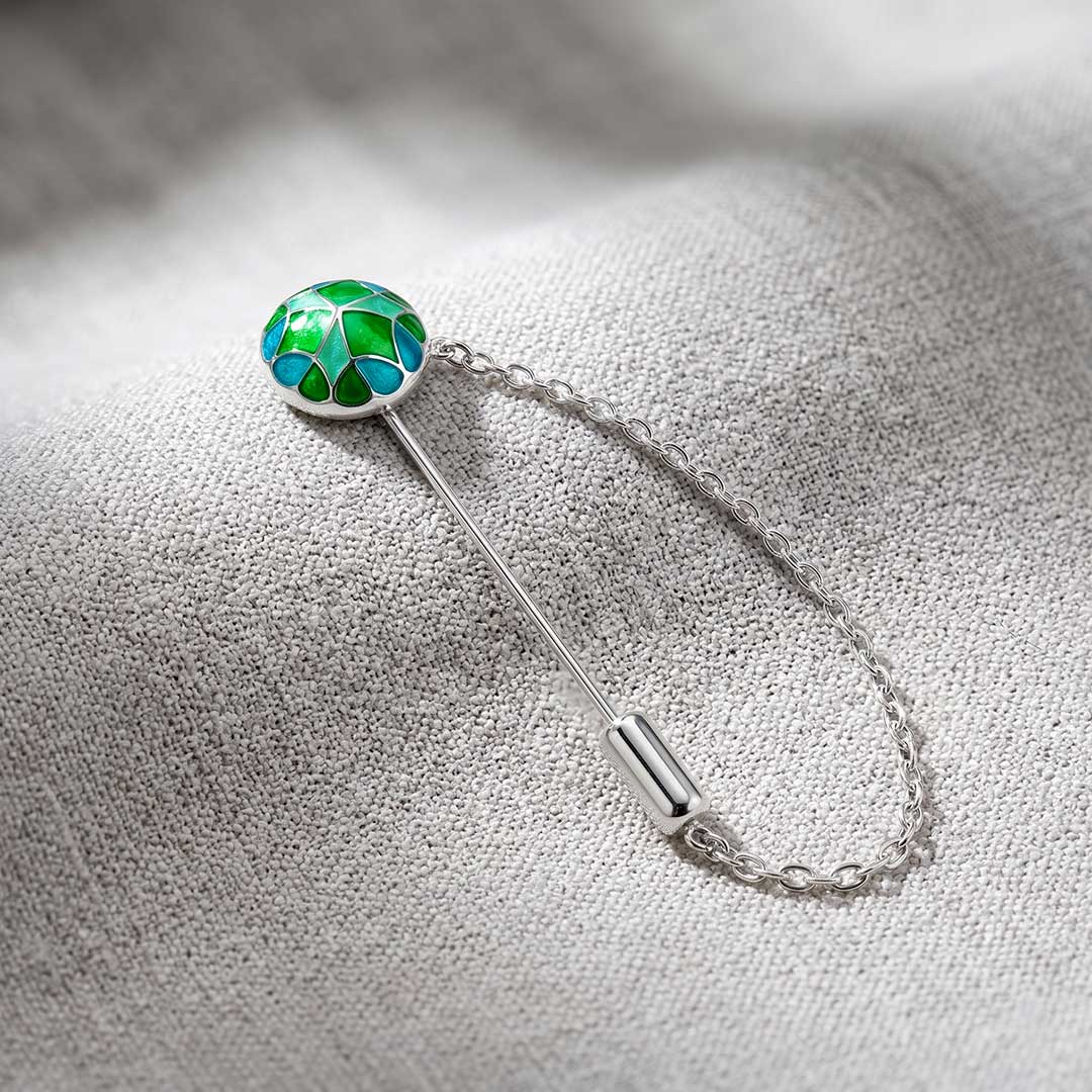 Handcrafted Mosaic Lapel Pin in Emerald Green and Azure Blue