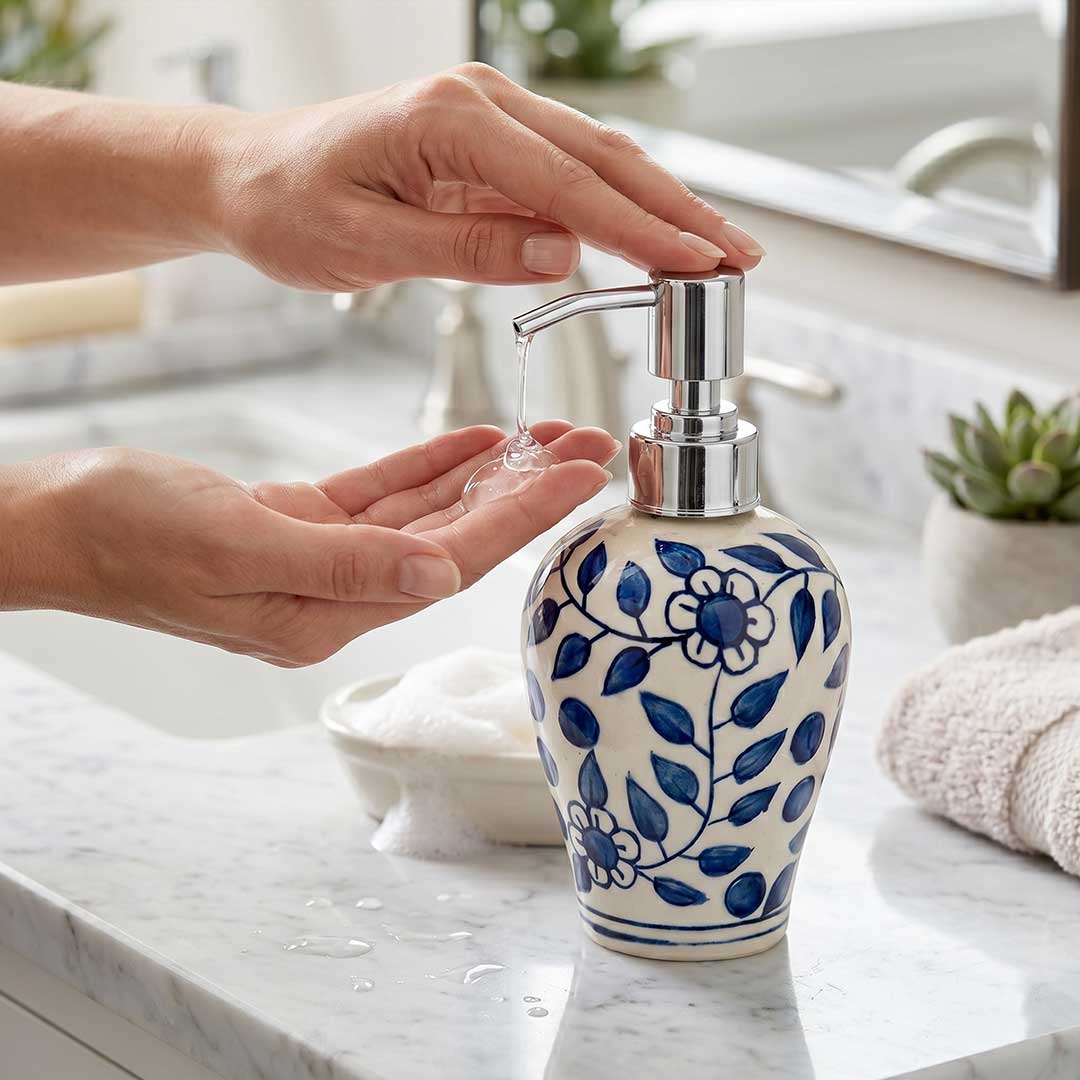 Azure Bloom Blue Pottery Soap Dispenser