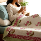 Pink & Green Rose Block Print Quilt - Madhues