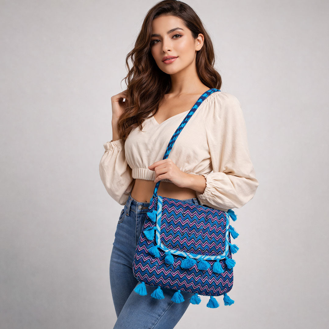 Kasida Kari Hand-Embroidered Boho Tassel Crossbody Bag