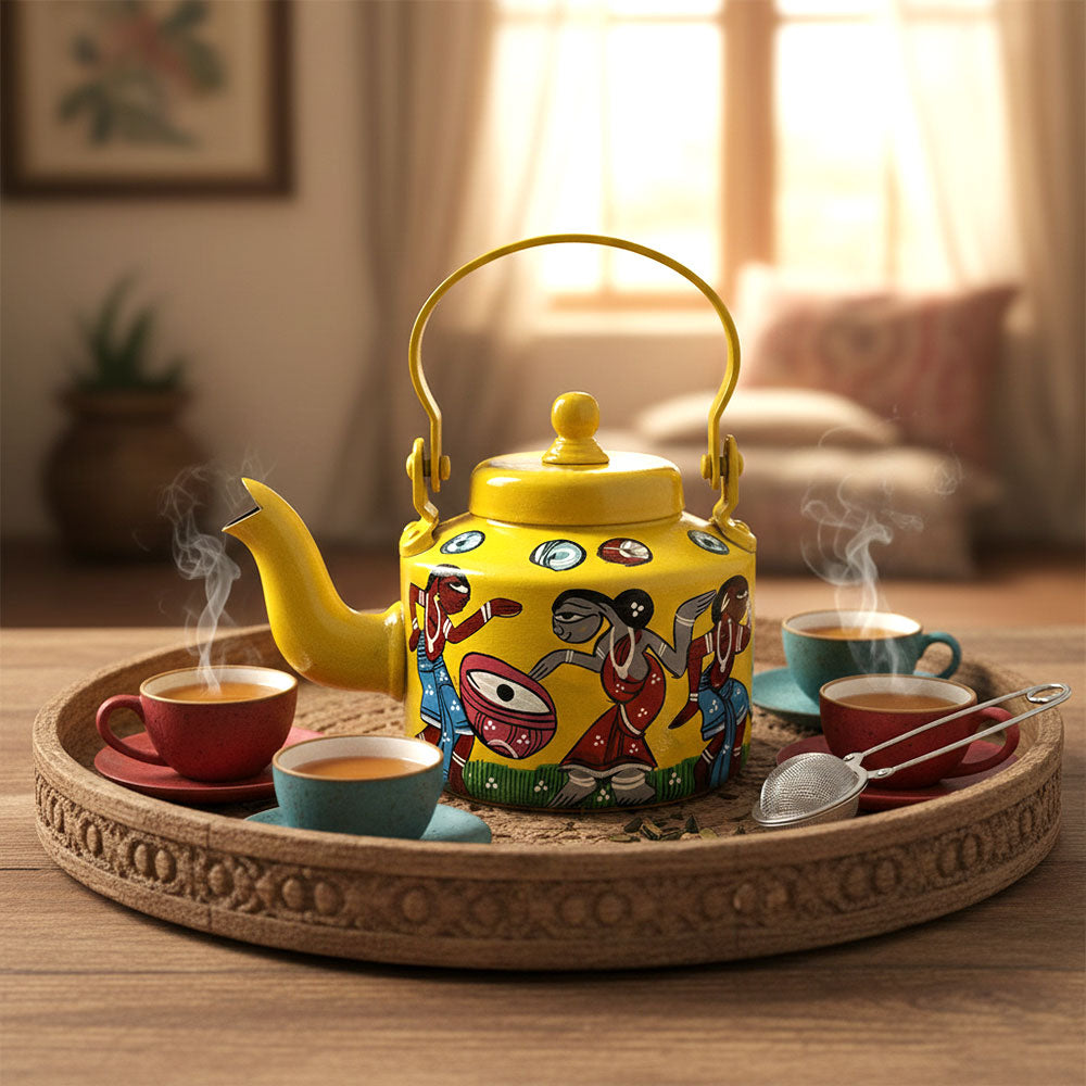Rhythms of Bengal: Handcrafted Pattachitra Storytelling Kettle (Sun Yellow) - Madhues