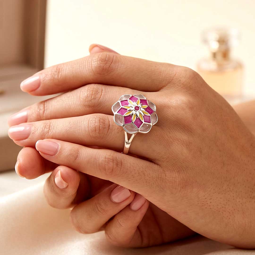 Handcrafted Pink Enamel Floral Mandala Silver Ring