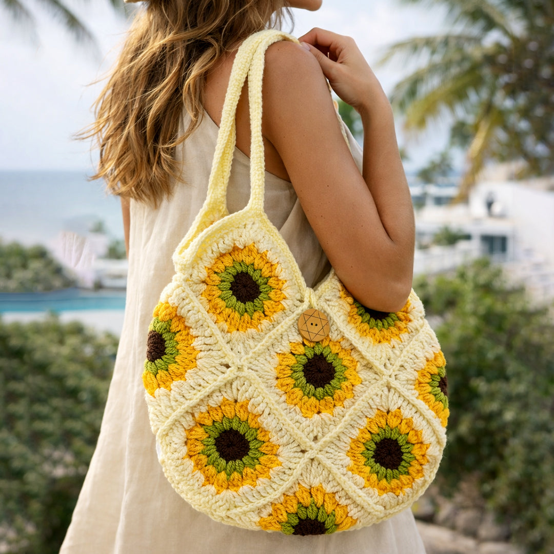 Chic Crochet Sunflower Granny Square Shoulder Bag