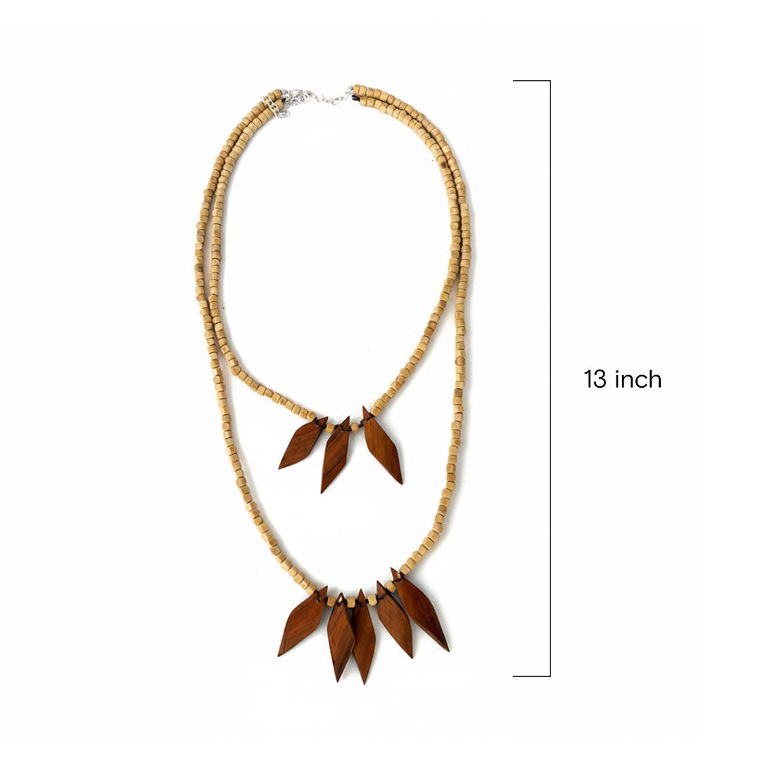 Double Strand Wooden Bead Necklace with Leaf Pendants