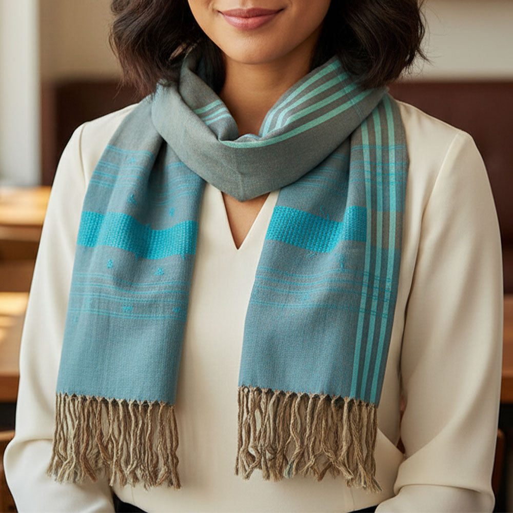 Lightweight Aqua & Grey Handwoven Stripe Scarf/Stole