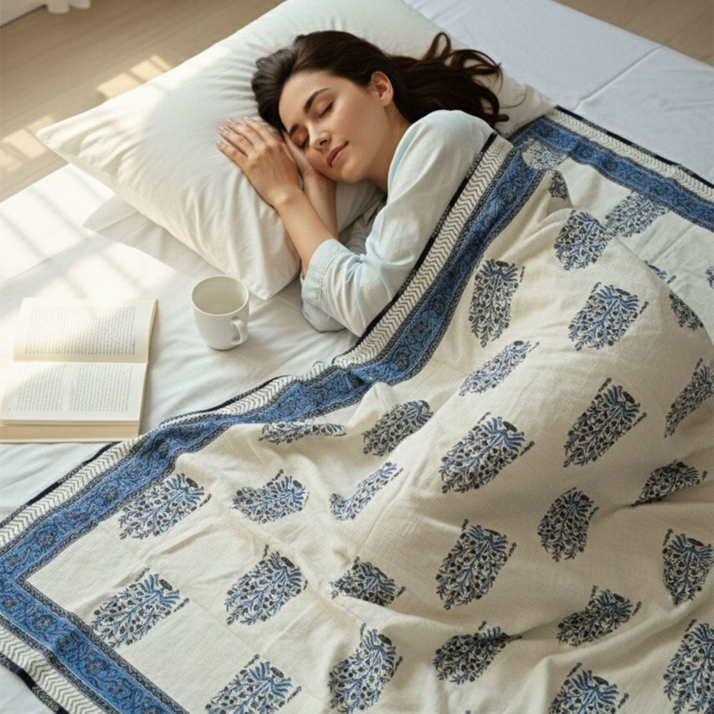 Indigo Floral Buti Block Print Blanket