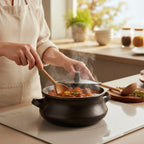 Person cooking in a kitchen with a pot on the stove