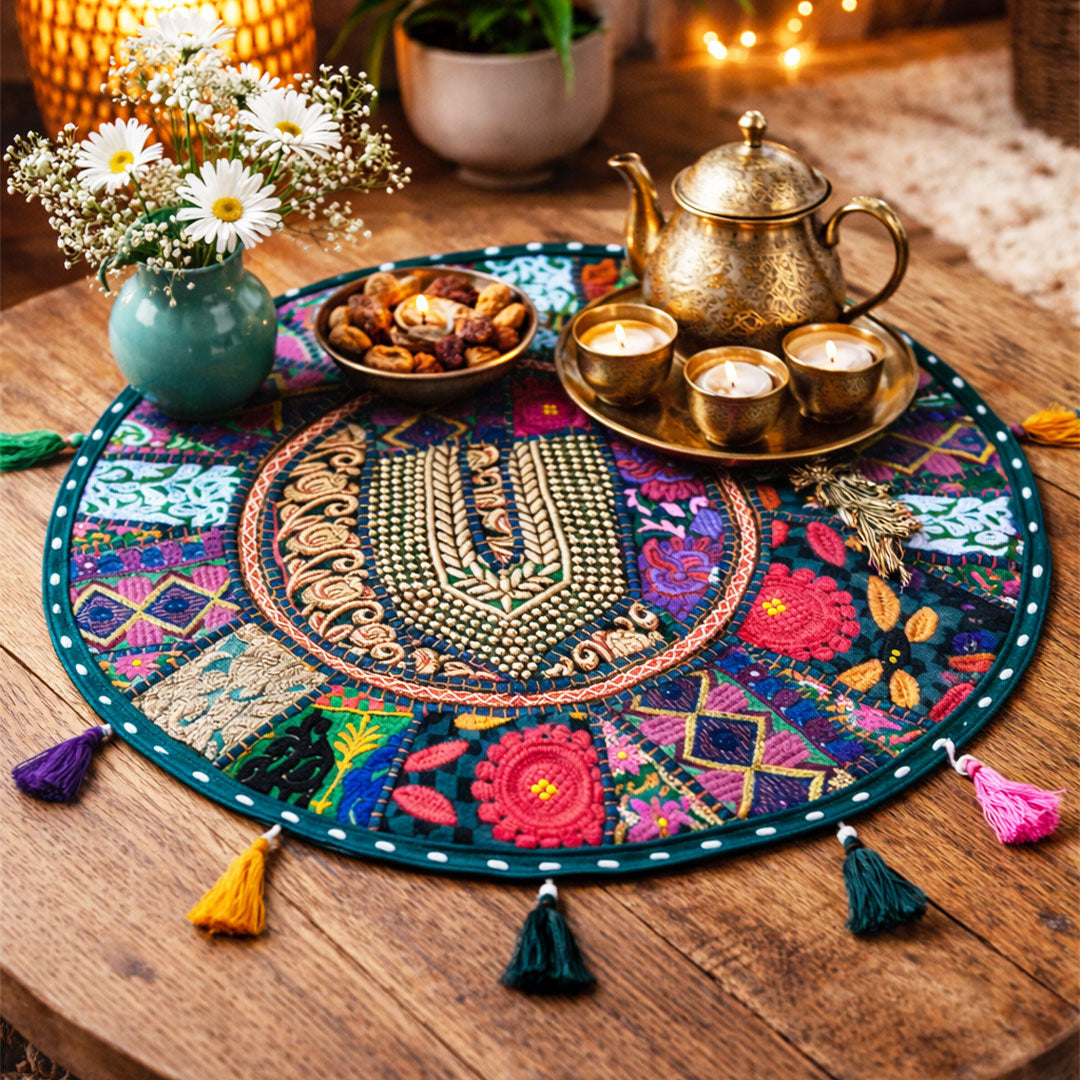 Handcrafted Kasida Kari Round Table Runner with Tassels