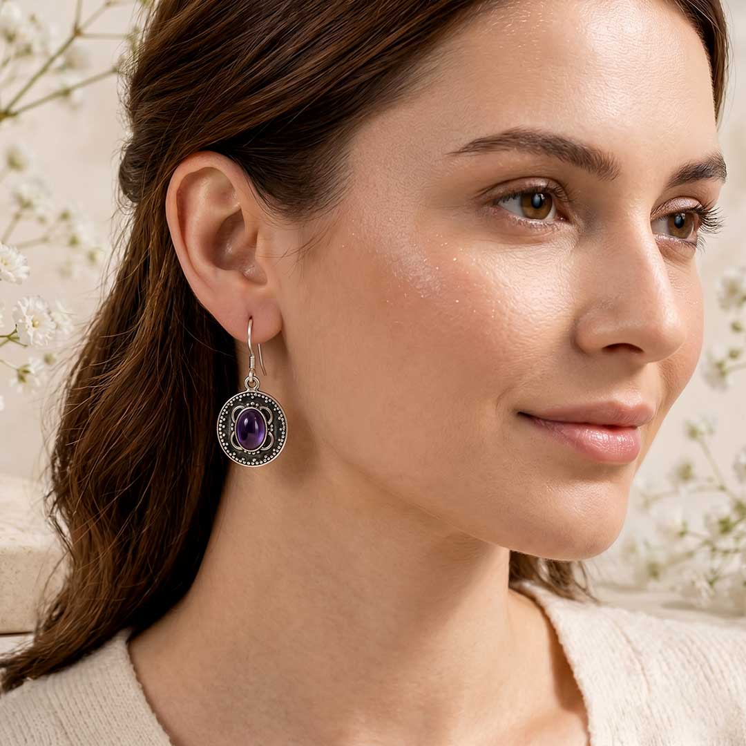 Ornate Amethyst Silver Drop Earrings in Mandala Design