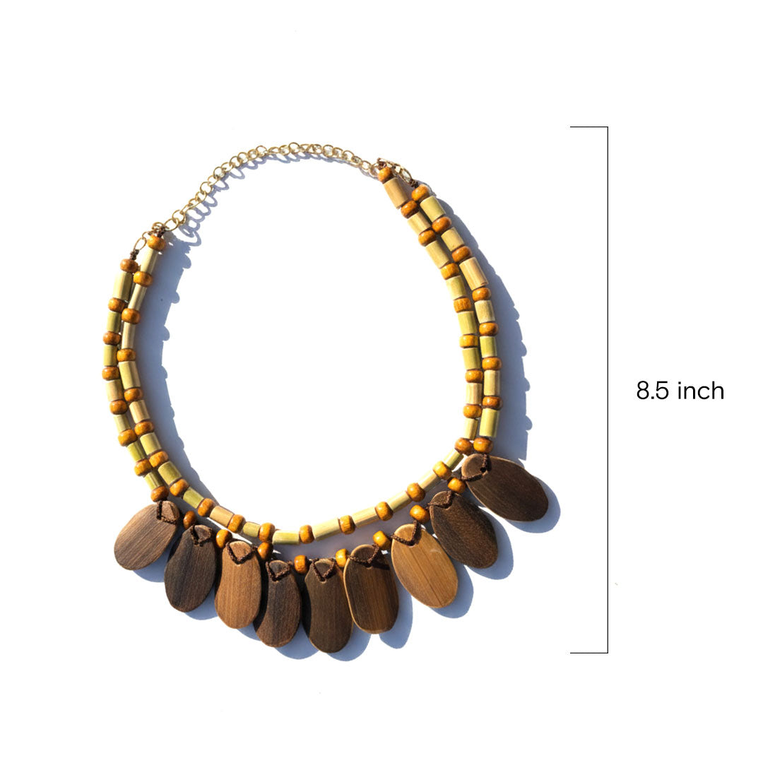 Boho Double Strand Bamboo and Wood Pendant Necklace