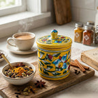 Artisanal Yellow & Blue Floral Blue Pottery Jar with Lid Set of 3