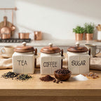 Set of 3 Ceramic Tea Sugar Salt Canisters with Wooden Lids & Spoons