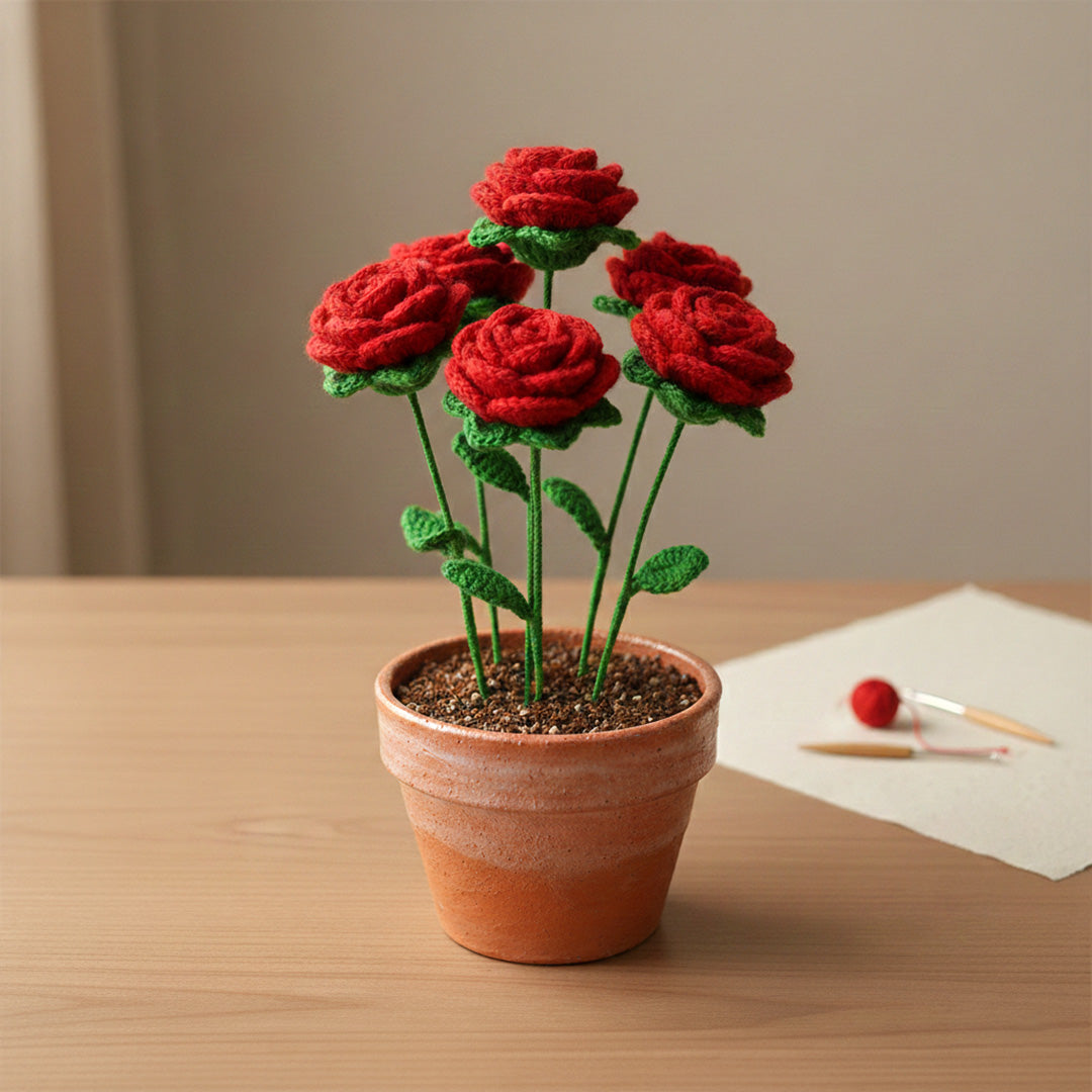 Everlasting Crocheted Red Rose - Handcrafted Yarn Flower Decor