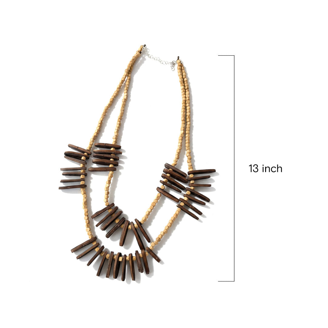 Double Layer Wooden Bead and Stick Statement Necklace