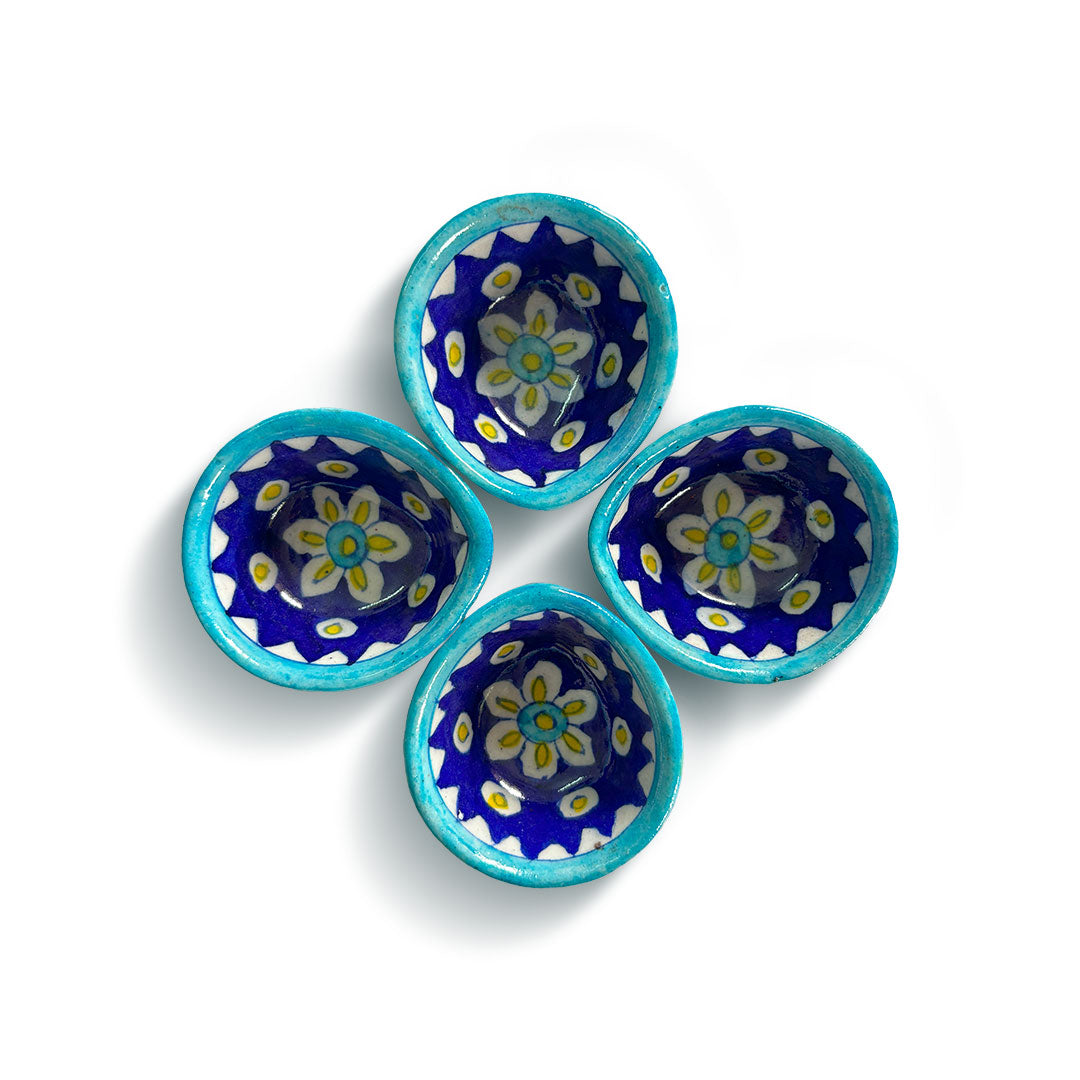 Hand-Painted Floral Ceramic Diyas with Turquoise Rim