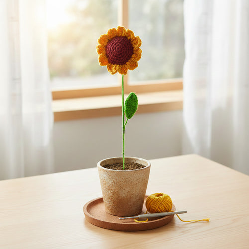 Knitted sunflower in a pot on a wooden table with a blurred window background