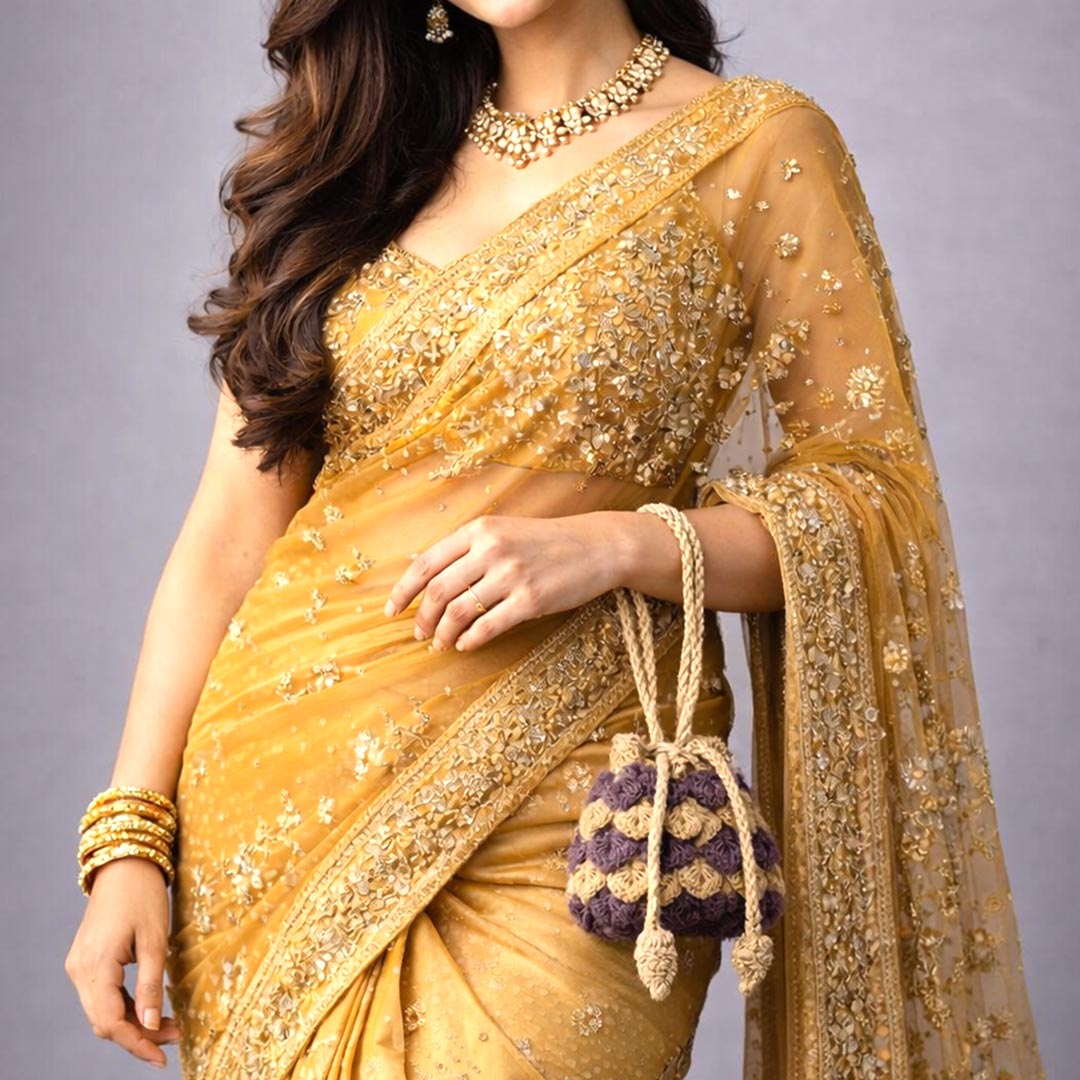 Handcrafted Jute Drawstring Bag - Beige & Purple Scales