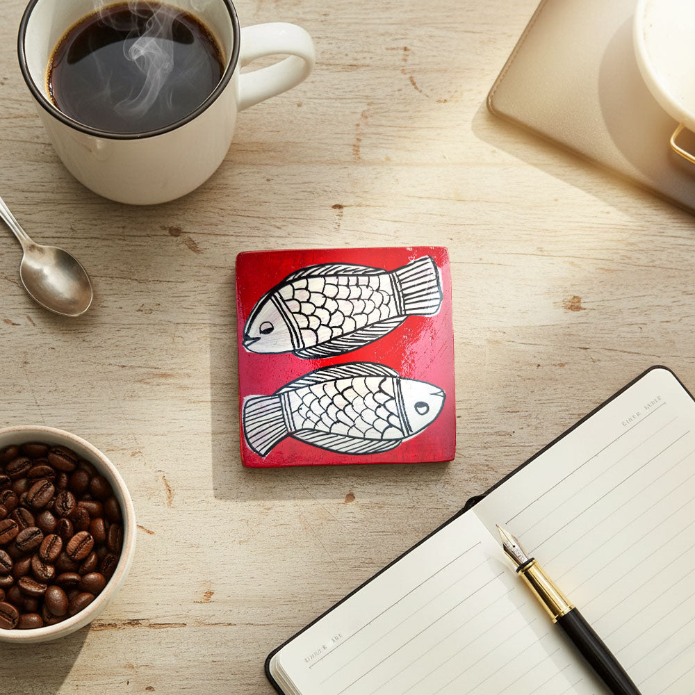 Pattachitra Dual Fish Coaster - Hand-Painted Red Art