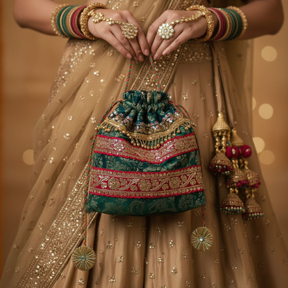 Royal Green and Blue Embroidered Potli Bag