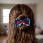 Handcrafted Crochet Bow Hair Clip - Vibrant Plum & Teal