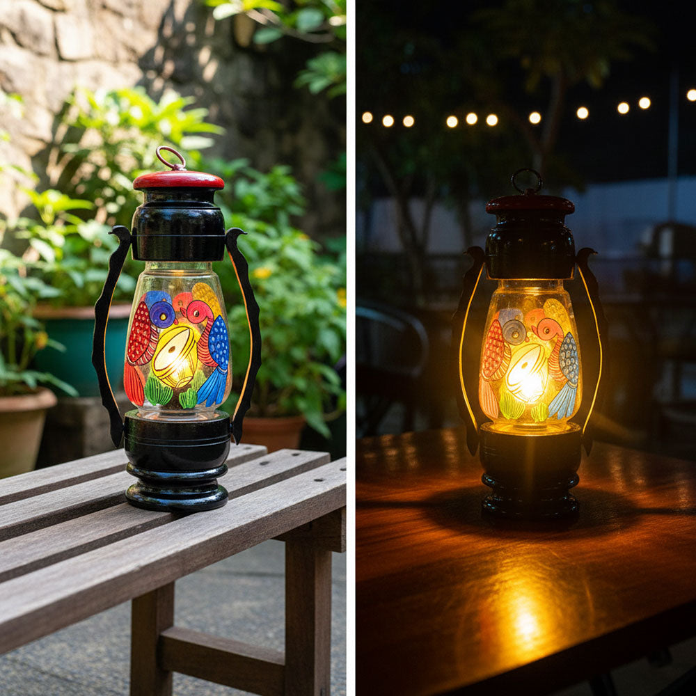Melody in Glass: Handcrafted Pattachitra Bird & Musical Motif Lantern - Madhues