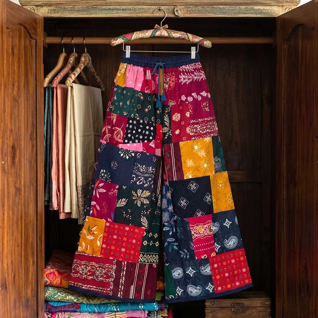 Boho Artisan Patchwork Cotton Wide Leg Palazzo Pants