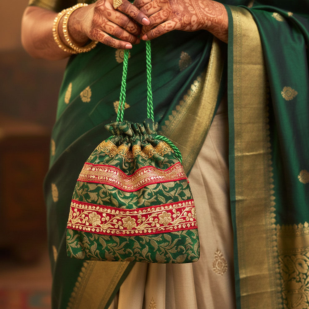 Emerald Bloom Gold Zari Potli Bag