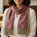 Earthy Mauve Handloom Slub Weave Pattu Scarf with Geometric Detail