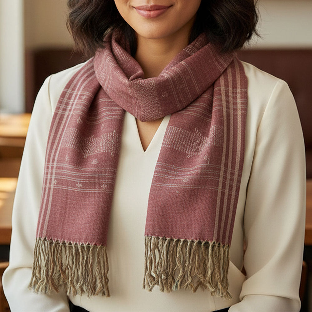 Earthy Mauve Handloom Slub Weave Pattu Scarf with Geometric Detail