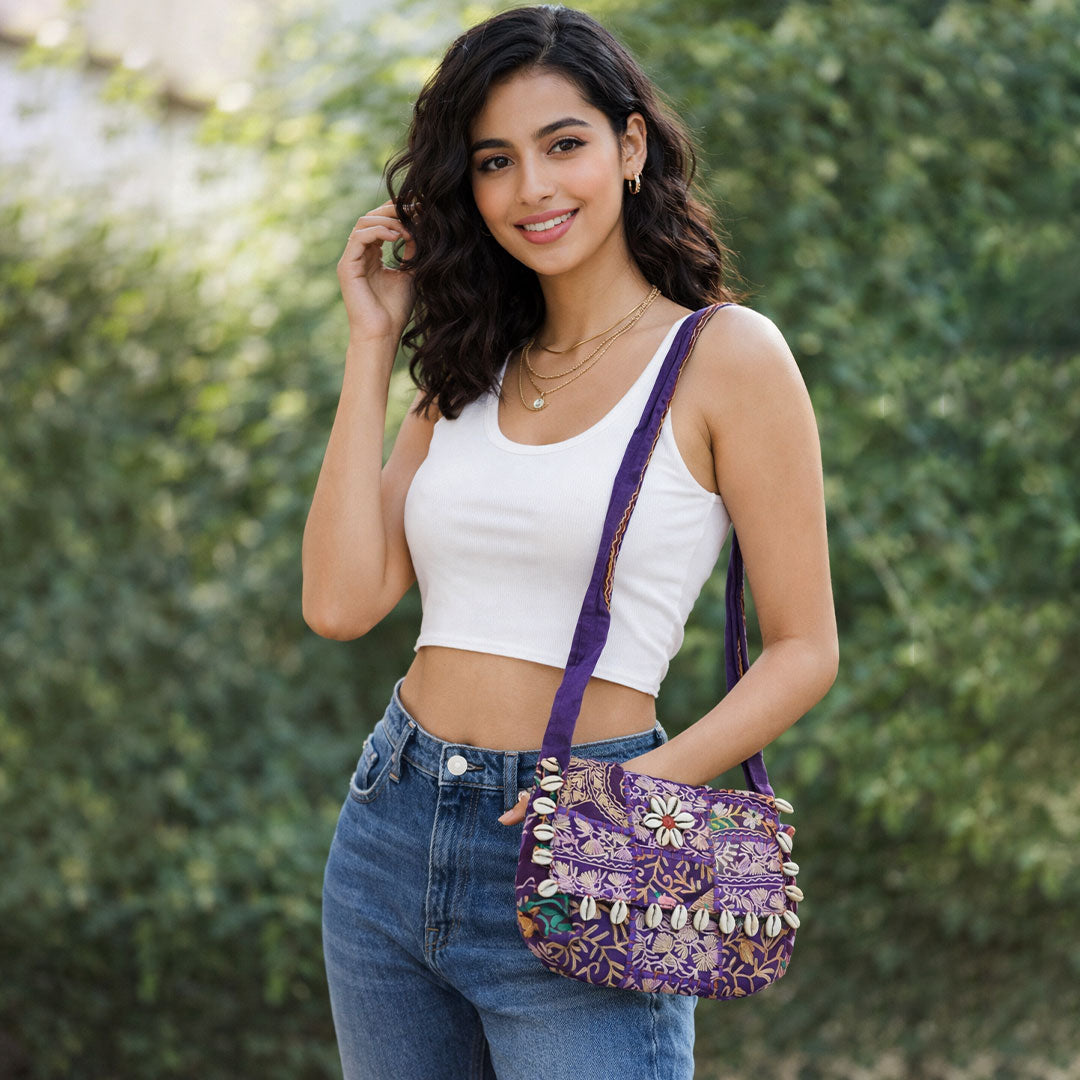 Purple Kasida Kari Embroidered Sling Bag with Shells