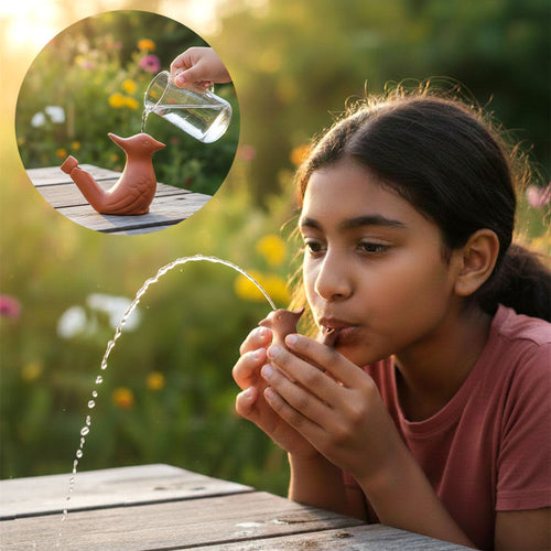 Girl drinking from a bird-shaped container with water being poured into it, set against a natural background.