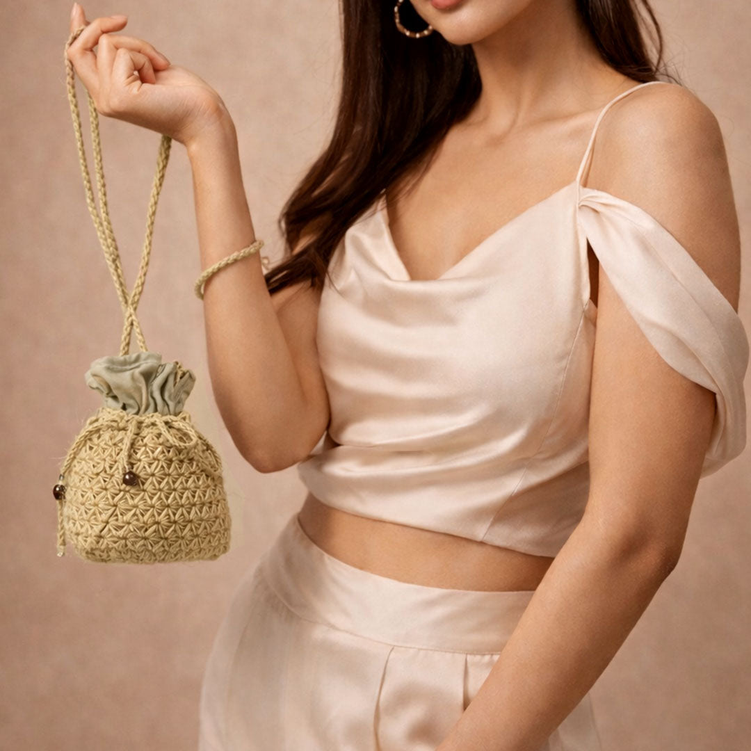 Handmade Jute Drawstring Pouch Bag with Beads