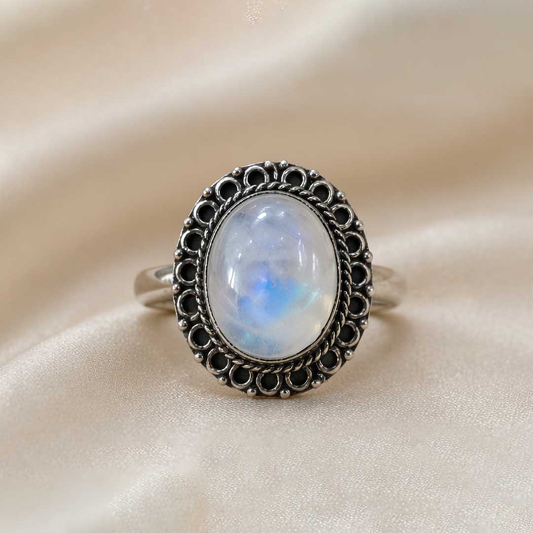 Handcrafted Moonstone Statement Ring with Ornate Silver Detailing