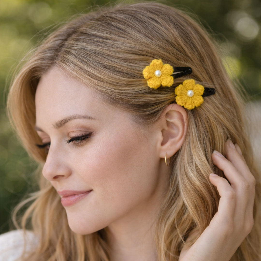 Charming Crocheted Flower Hair Clips - Pearl Accents