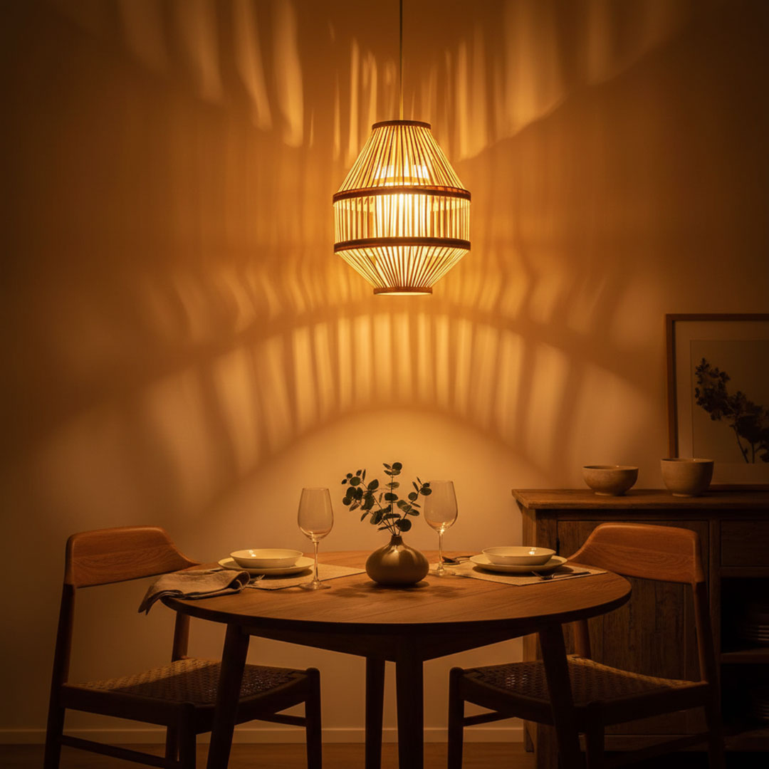 Dining area with a round table, chairs, and a pendant light casting shadows on the wall.