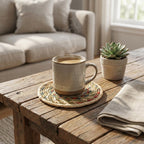 Cup of coffee on a wooden table with a plant and a blanket in a cozy living room.