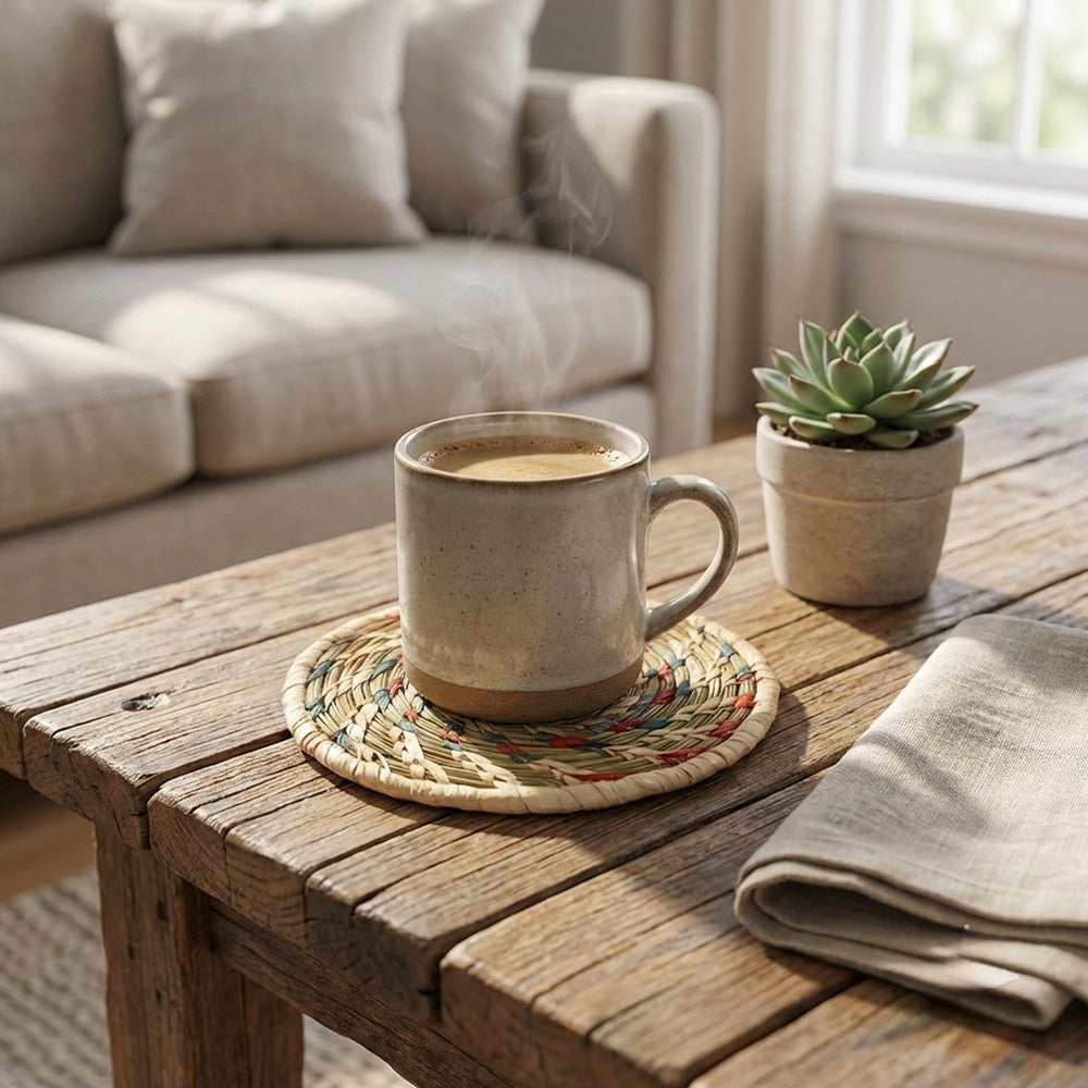 Cup of coffee on a wooden table with a plant and a blanket in a cozy living room.
